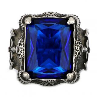 Stainless steel ring with embossed design and deep blue crystal! - 
