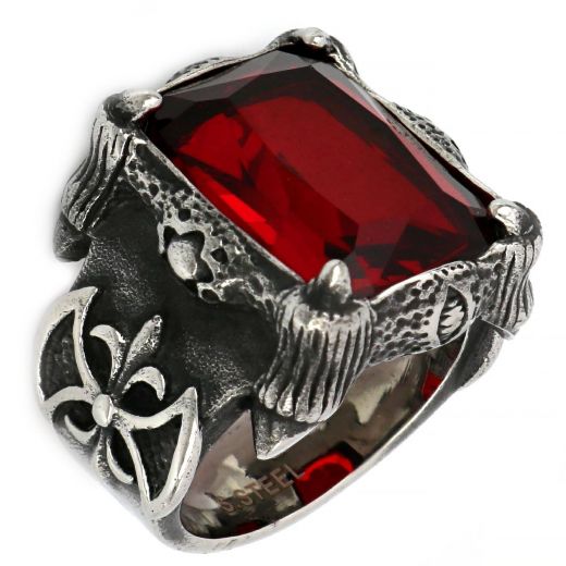 Stainless steel ring with embossed design and red crystal!
