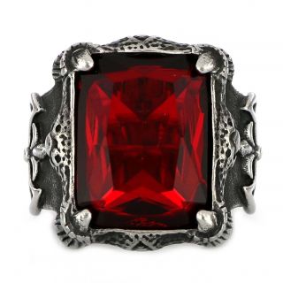 Stainless steel ring with embossed design and red crystal! - 