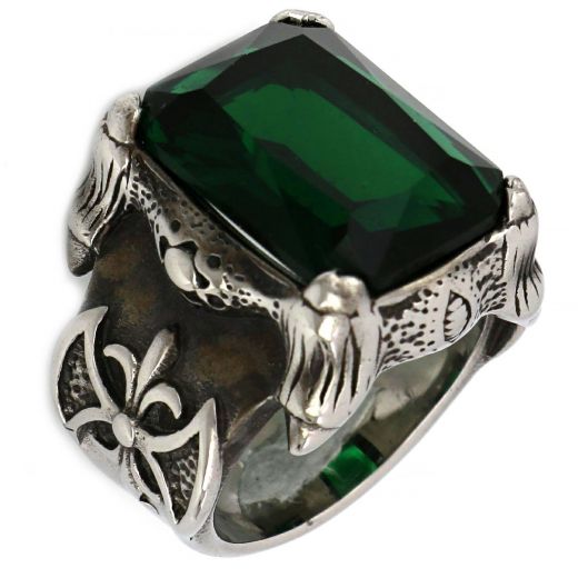 Stainless steel ring with embossed design and green crystal!