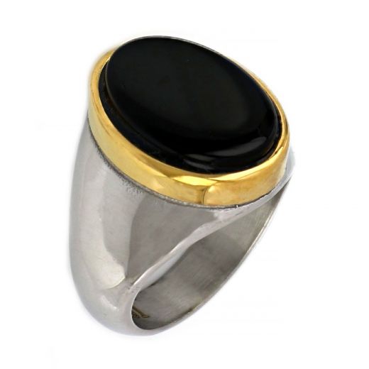 Stainless steel ring in two colors with oval Black Onyx