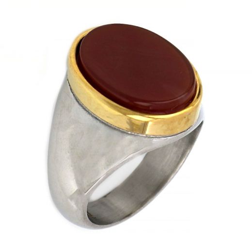 Bicolor stainless steel ring with oval Red Agate