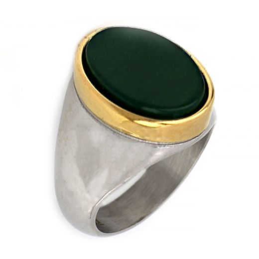Bicolor stainless steel ring with oval Green Agate