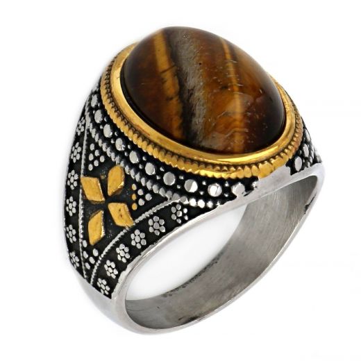 Stainless steel ring bicolor embossed design with Tiger Eye