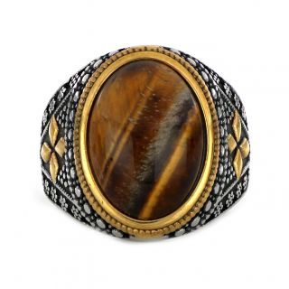 Stainless steel ring bicolor embossed design with Tiger Eye - 