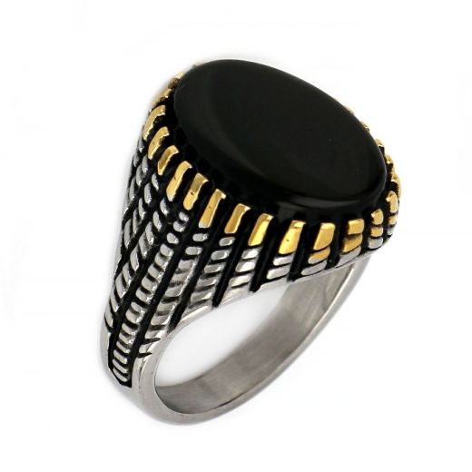 Two-tone stainless steel ring with embossed design and Black Onyx