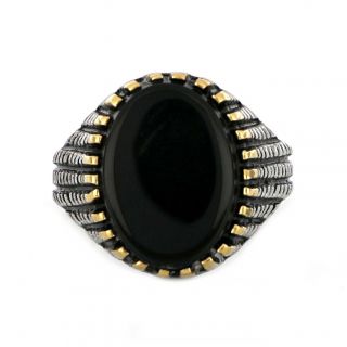 Two-tone stainless steel ring with embossed design and Black Onyx - 