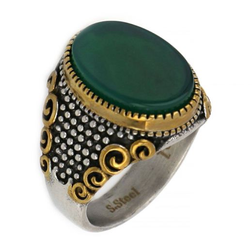 Bicolor stainless steel ring with embossed design and Green Agate