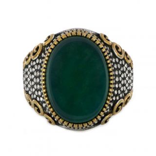 Bicolor stainless steel ring with embossed design and Green Agate - 