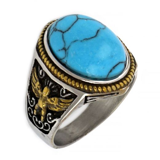 Stainless steel ring with turquoise Haolite in embossed design!