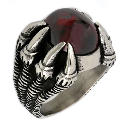 Stainless steel ring with eagle claws and red crystal design