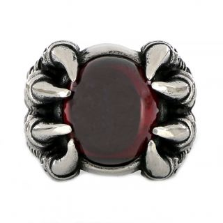 Stainless steel ring with eagle claws and red crystal design - 