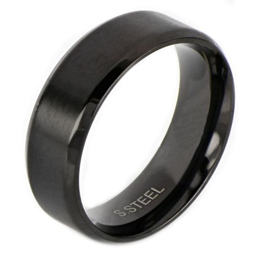 Men's stainless steel black matte ring with glossy surface