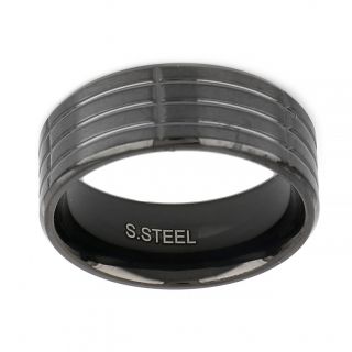 Men's stainless steel black ring with lines design - 