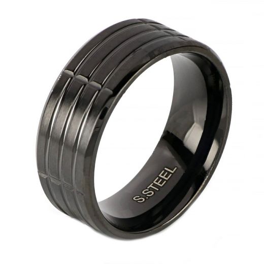Men's stainless steel black ring with lines design
