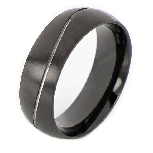 Men's stainless steel black ring with white curved line