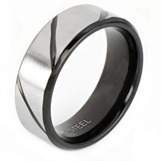 Men's stainless steel ring with oblique black lines