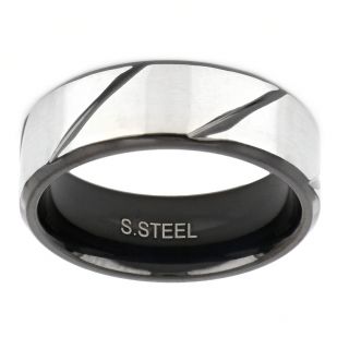 Men's stainless steel ring with oblique black lines - 