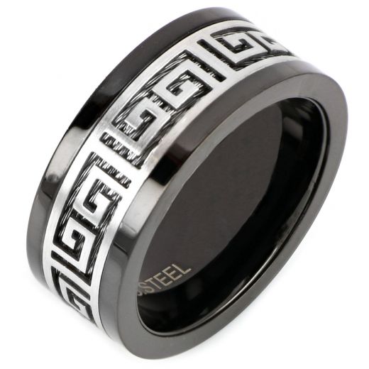 Men's stainless steel ring with steel wire and meander design