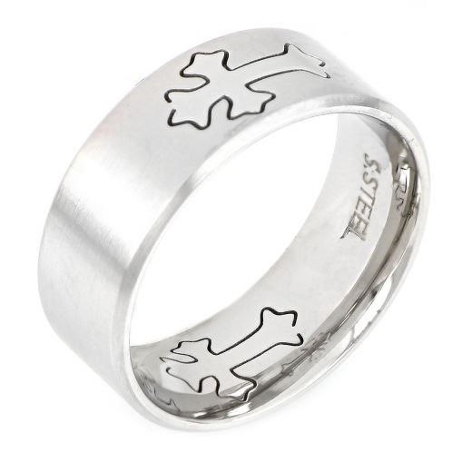 Men's stainless steel ring with medivial cross