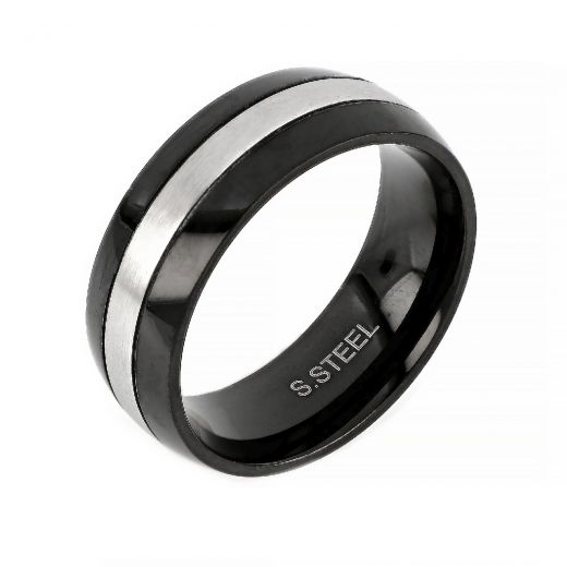 Men's stainless steel two-tone ring with white line in the middle