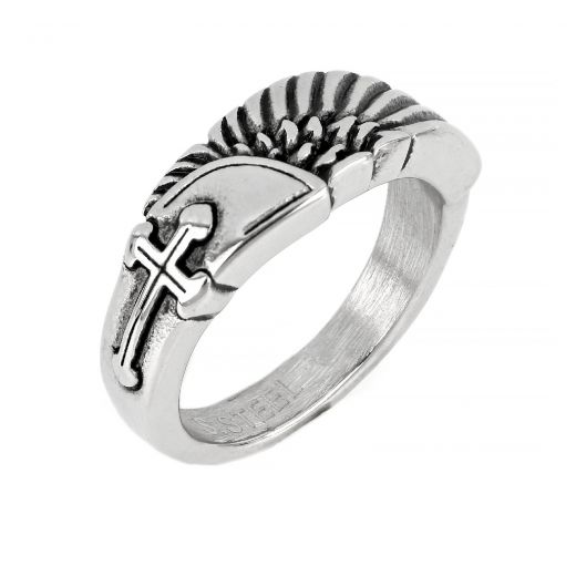 Men's stainless steel ring with medieval cross and wing