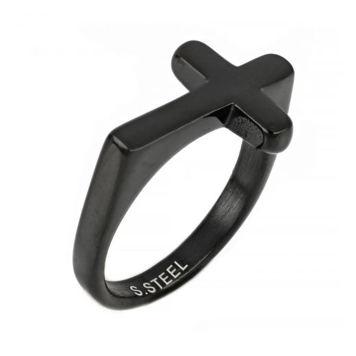 Men's stainless steel black square ring with cross design