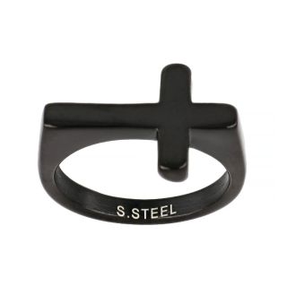Men's stainless steel black square ring with cross design - 