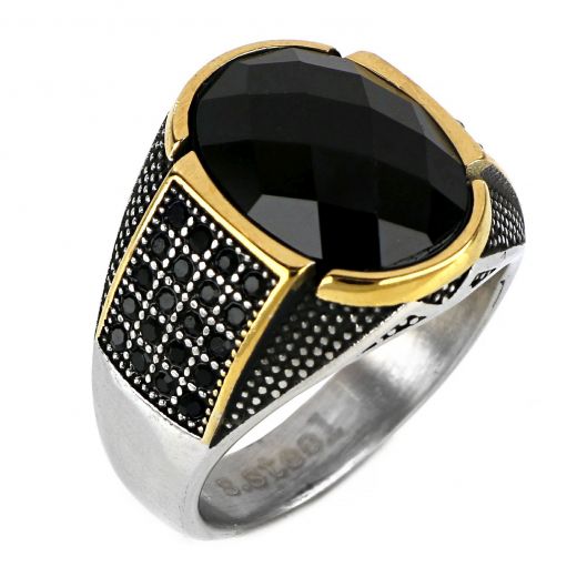Men's stainless steel two-tone embossed ring with black cubic zirconia and black onyx