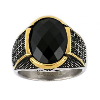 Men's stainless steel two-tone embossed ring with black cubic zirconia and black onyx - 