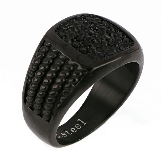 Men's stainless steel embossed ring with black cubic zirconia