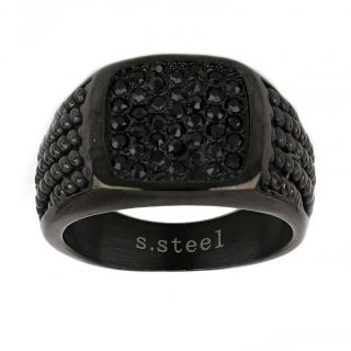 Men's stainless steel embossed ring with black cubic zirconia - 