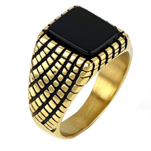 Men's stainless steel embossed gold plated ring with black onyx