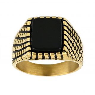 Men's stainless steel embossed gold plated ring with black onyx - 