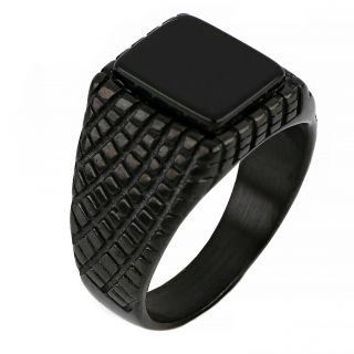 Ανδρικό δαχτυλίδι ατσάλινο μαύρο με ανάγλυφο σχέδιο και μαύρο όνυχα Ανδρικό δαχτυλίδι ατσάλινο μαύρο με ανάγλυφο σχέδιο και μαύρο όνυχα