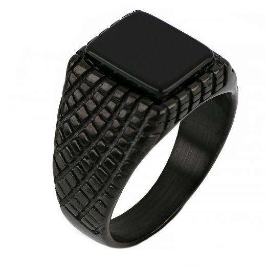 Men's stainless steel black ring with embossed design and black onyx