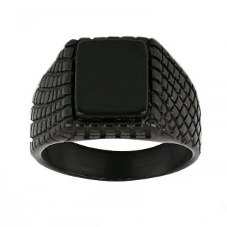 Men's stainless steel black ring with embossed design and black onyx - 