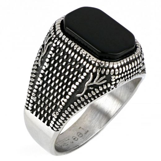 Men's stainless steel embossed ring with designs and black onyx