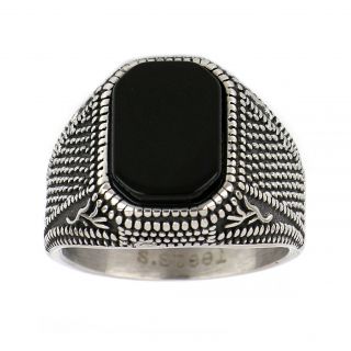 Men's stainless steel embossed ring with designs and black onyx - 