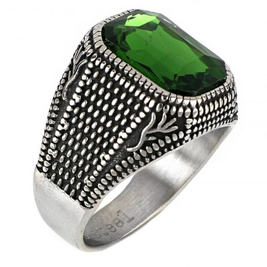Men's stainless steel embossed ring with designs and green crystal