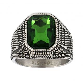Men's stainless steel embossed ring with designs and green crystal - 