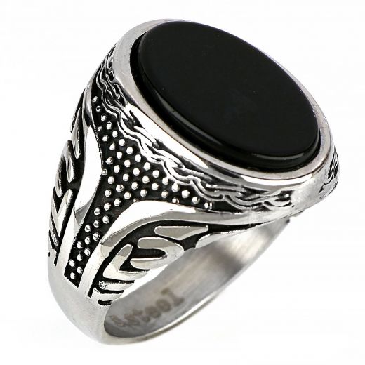 Men's stainless steel embossed ring with dots and black onyx
