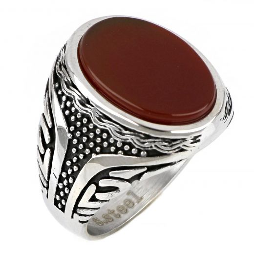 Men's stainless steel embossed ring with dots and carnelian