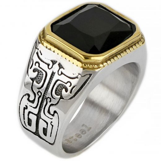 Men's stainless steel two-tone embossed square ring with black onyx