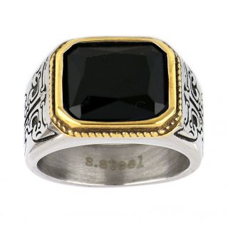 Men's stainless steel two-tone embossed square ring with black onyx - 