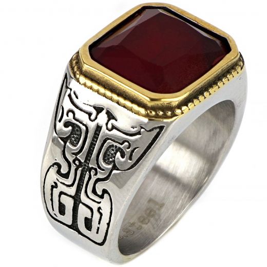 Men's stainless steel two-tone embossed square ring with red crystal