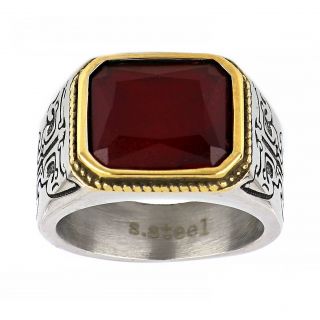 Men's stainless steel two-tone embossed square ring with red crystal - 