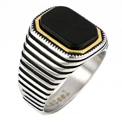 Men's stainless steel two-tone embossed ring with stripes and black onyx