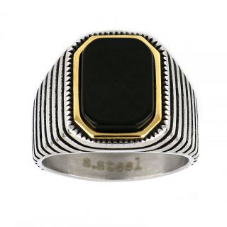 Men's stainless steel two-tone embossed ring with stripes and black onyx - 
