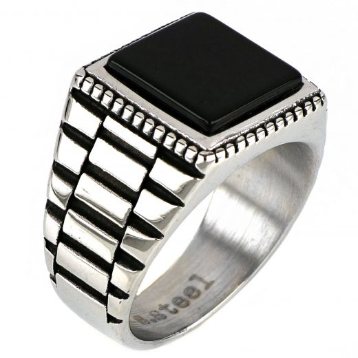 Men's stainless steel embossed square ring with black onyx